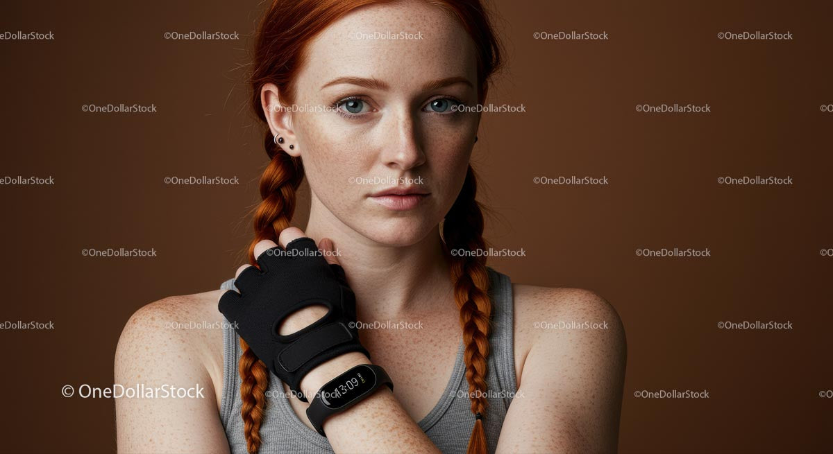 Freckled Fitness Woman with Braided Hairstyle and Gym Glove