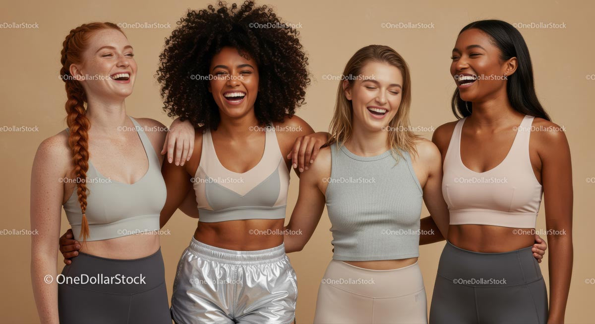 Diverse Women in Trendy Activewear Smiling Together