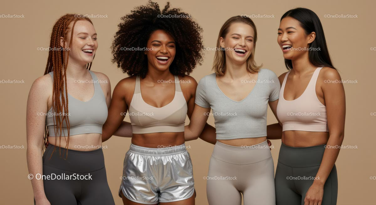 Diverse Women in Trendy Activewear Smiling Together