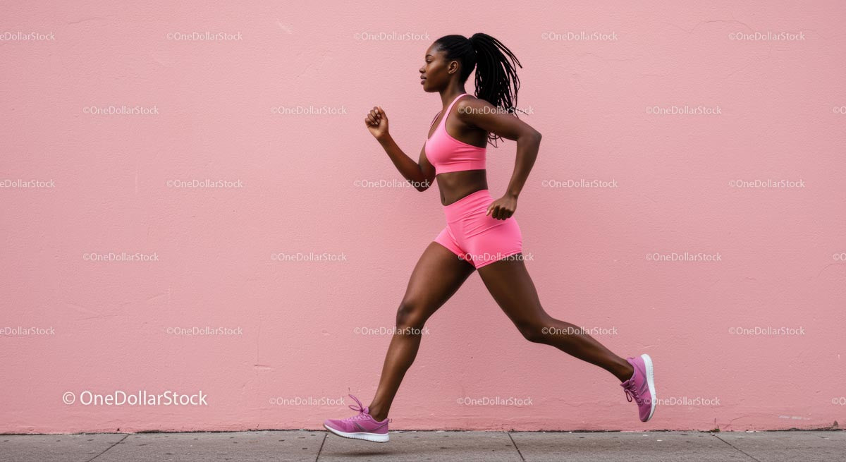 Athletic Woman Running in Pink Sportswear by Pink Wall