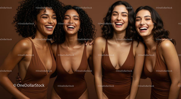 Four Happy Women Laughing Together in Brown Swimsuits