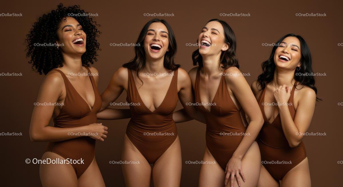 Group of Diverse Women Laughing in Brown Swimwear