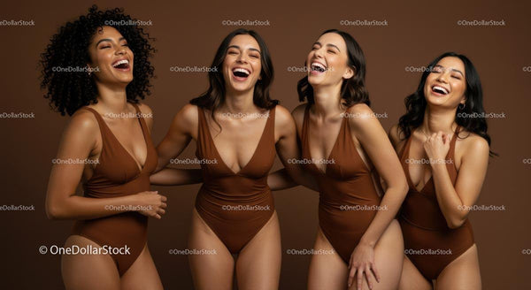 Group of Diverse Women Laughing in Brown Swimwear