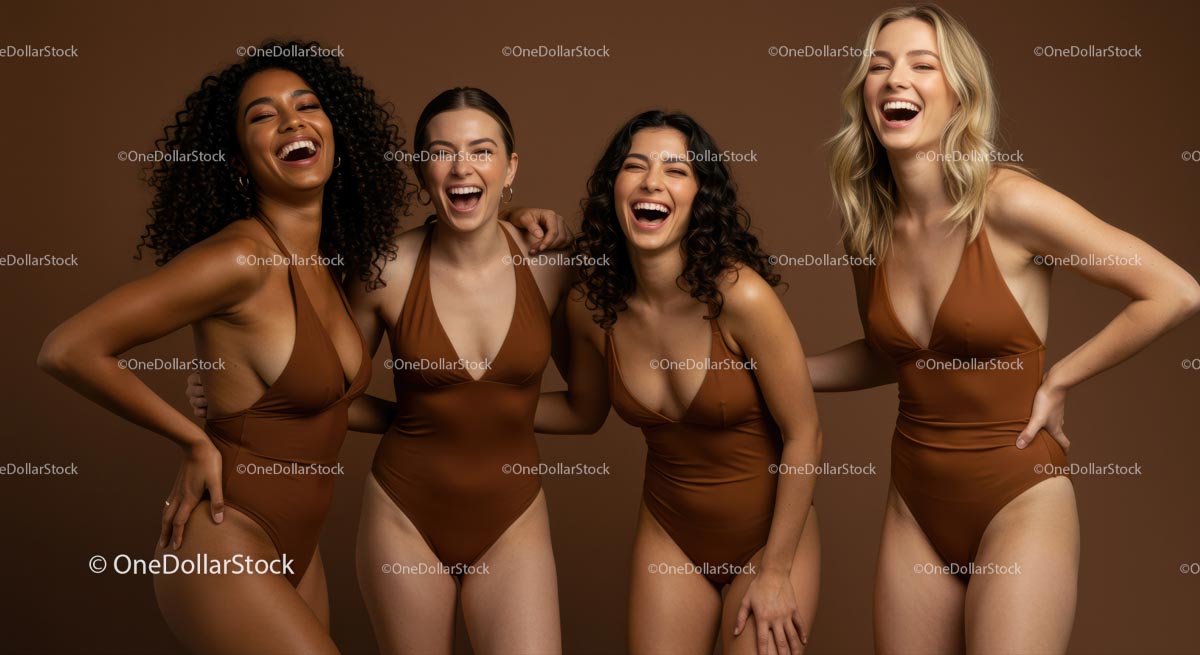 Group of Joyful Women in Brown Swimsuits Laughing Together