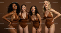 Group of Joyful Women in Brown Swimsuits Laughing Together