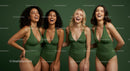 Diverse Group of Women Laughing in Green Swimsuits