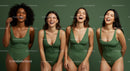 Diverse Group of Women in Green Swimsuits Laughing Together