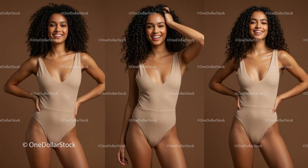 Pewna siebie kobieta w beżowym kostiumie kąpielowym z kręconymi włosami