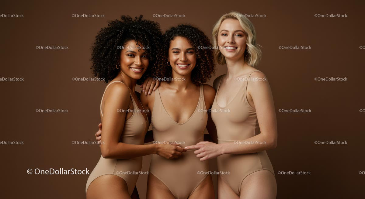 Three Diverse Women Smiling in Beige Swimsuits
