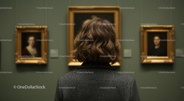Woman Contemplating Portraits in Art Gallery