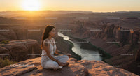 Woman Meditating at Sunset Overlooking Majestic Canyon
