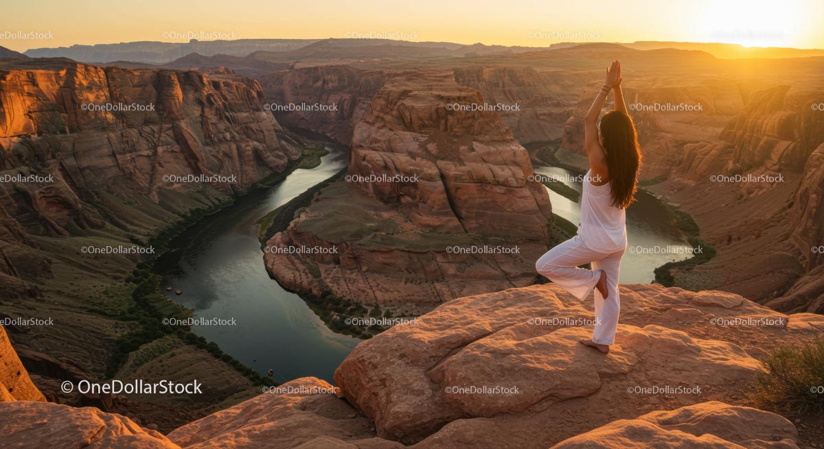 Woman Practicing Yoga at Sunset in Majestic Canyon
