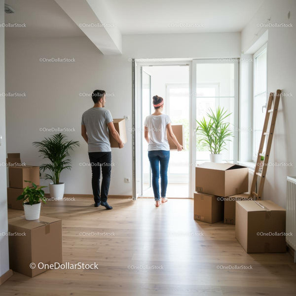 Couple Unpacking in Bright New Home with Cardboard Boxes