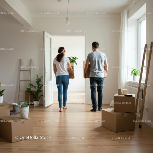Couple Moving into Bright New Home with Cardboard Boxes
