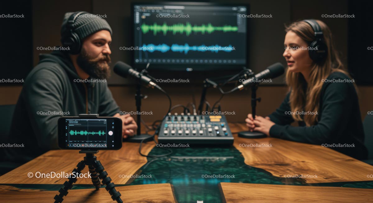 Podcast Hosts Recording in Modern Studio with Equipment
