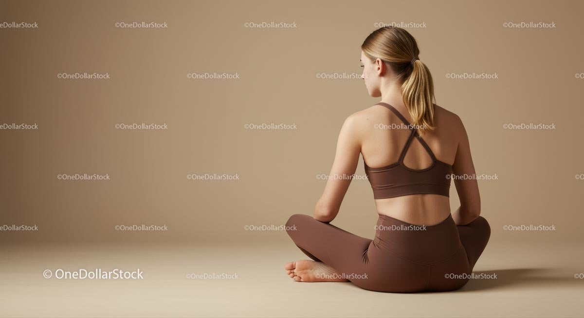 Woman Meditating in Lotus Position on Beige Background