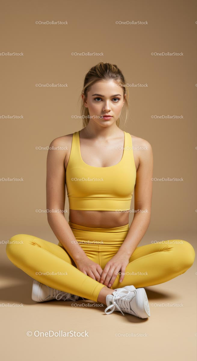 Young Woman in Yellow Activewear Practicing Yoga Indoors