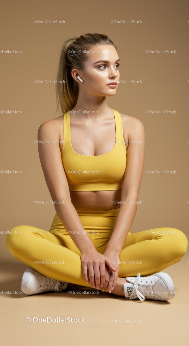 Young Woman in Yellow Activewear Sitting Cross-Legged