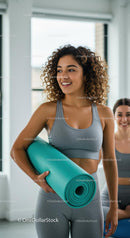 Smiling Woman Holding Yoga Mat in Fitness Studio