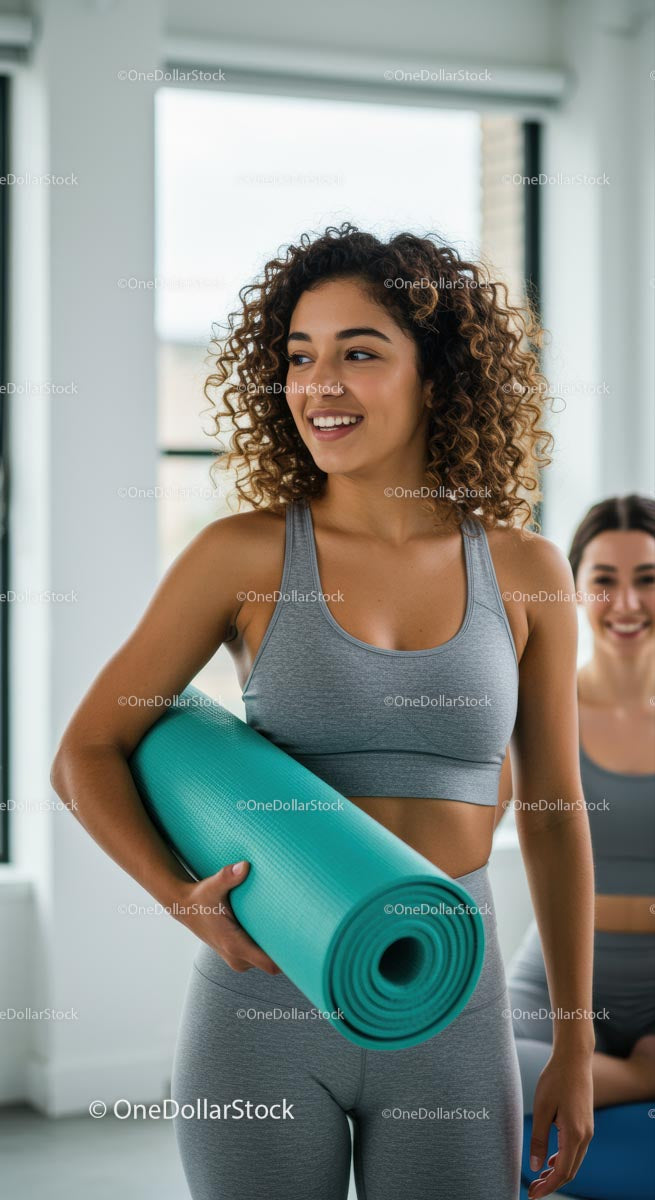 Smiling Woman Holding Yoga Mat in Fitness Studio