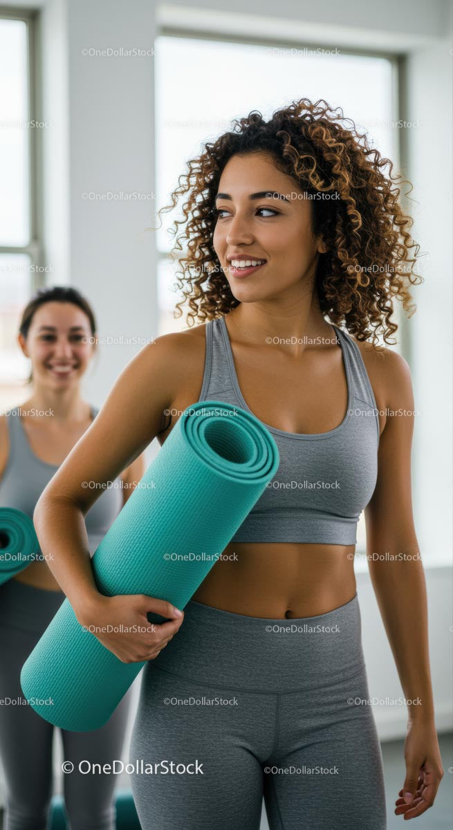 Women Holding Yoga Mats in Fitness Studio