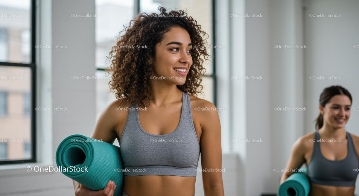 Kobiety w odzieży sportowej z matami do jogi w Bright Studio