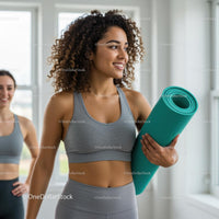 Smiling Women Ready for Yoga with Mats
