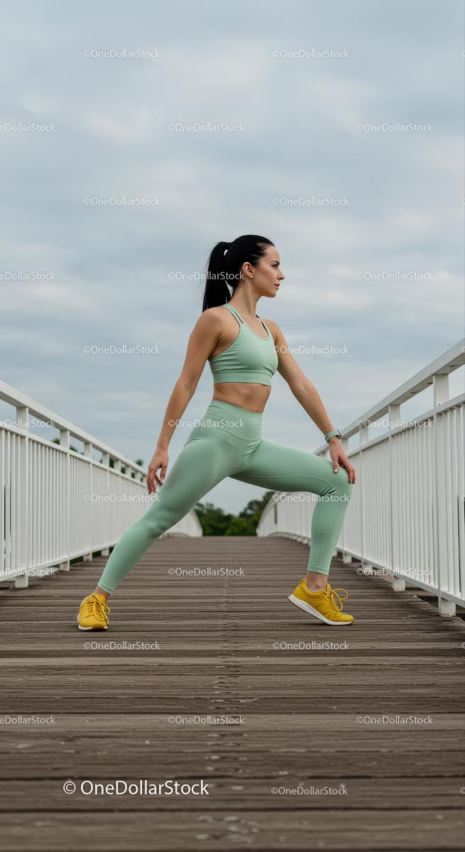 Woman Stretching on Bridge in Mint Green Activewear