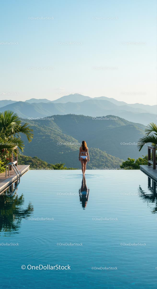 Infinity Pool with Stunning Mountain View and Woman