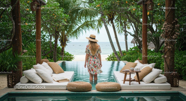 Woman in Floral Dress Enjoying Tropical Infinity Pool