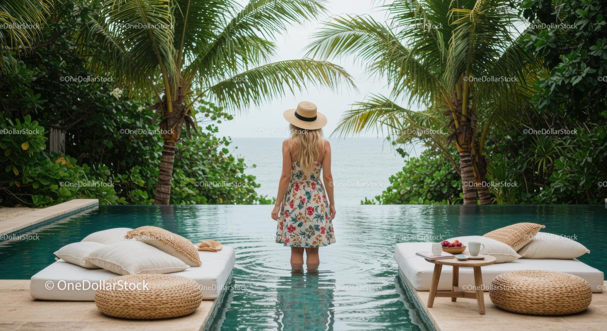Woman Enjoying Tropical Infinity Pool Oasis