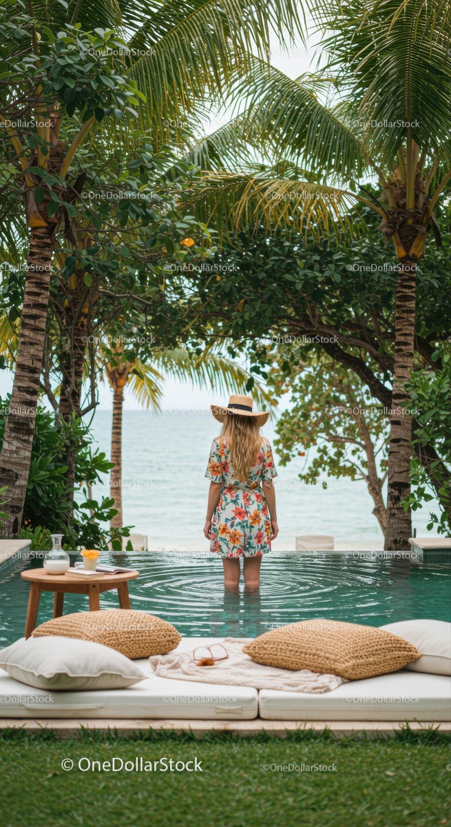 Woman in Floral Dress by Pool Overlooking Tropical Ocean