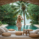 Woman Enjoying Tropical Poolside with Palm Trees