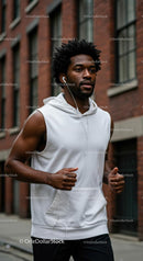 Man Jogging Through City Streets in White Sleeveless Hoodie