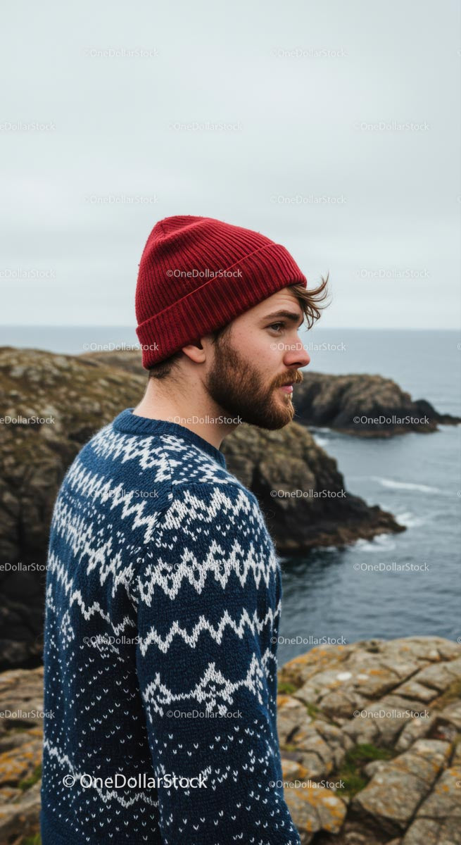 Man in Knit Sweater and Red Beanie by Ocean Cliffs