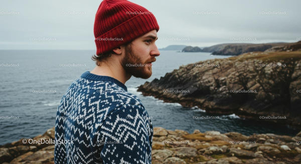 Exploring Rugged Coastline in Red Knit Hat