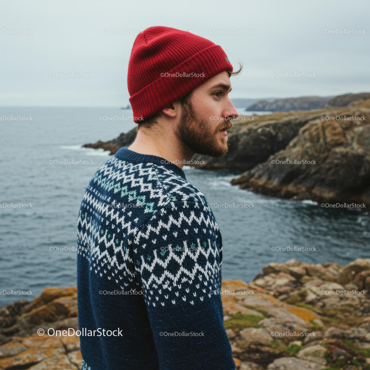 Man in Red Beanie Admiring Rocky Seaside Landscape