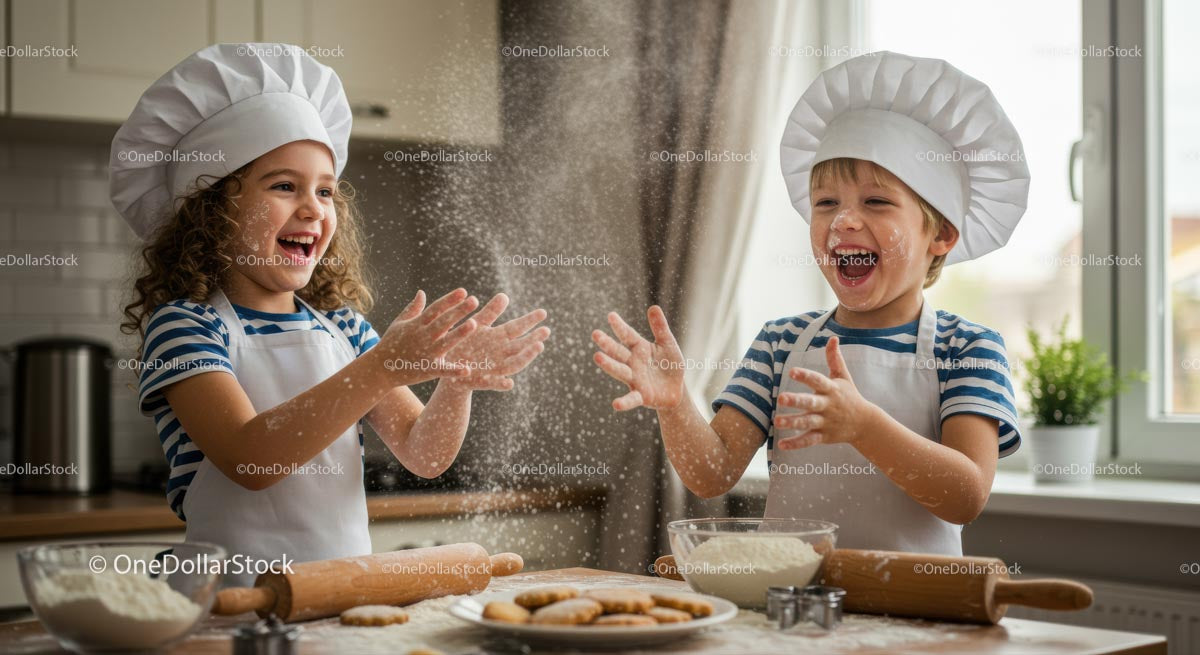 Joyful Children Baking Together in a Bright Kitchen