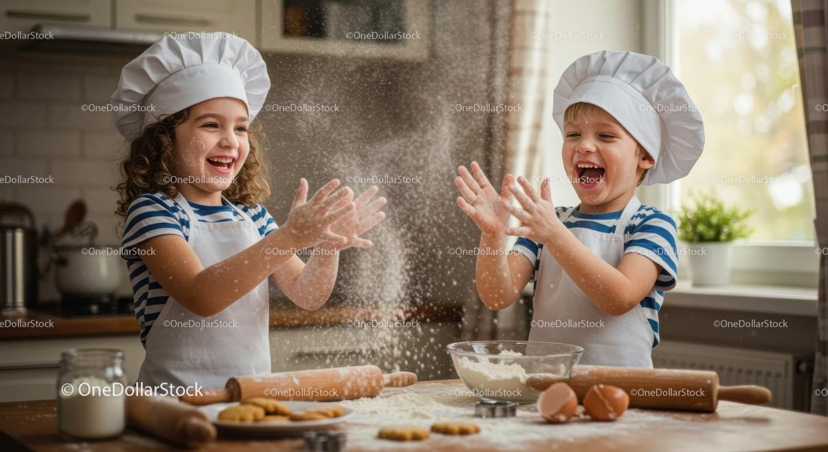 Joyful Kids Baking and Playing with Flour in Kitchen