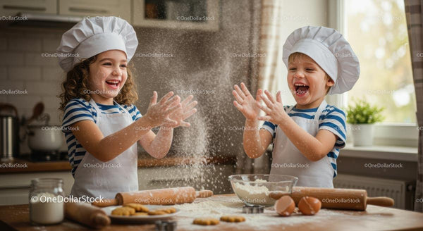 Joyful Kids Baking and Playing with Flour in Kitchen