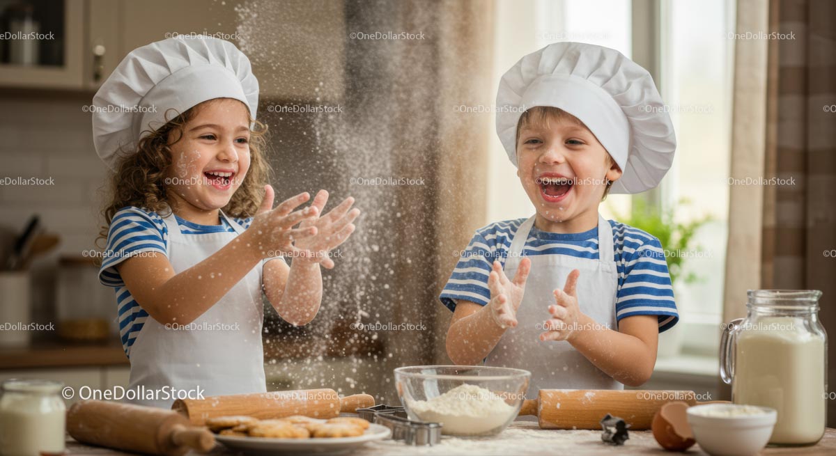 Smiling Children Baking Cookies in the Kitchen
