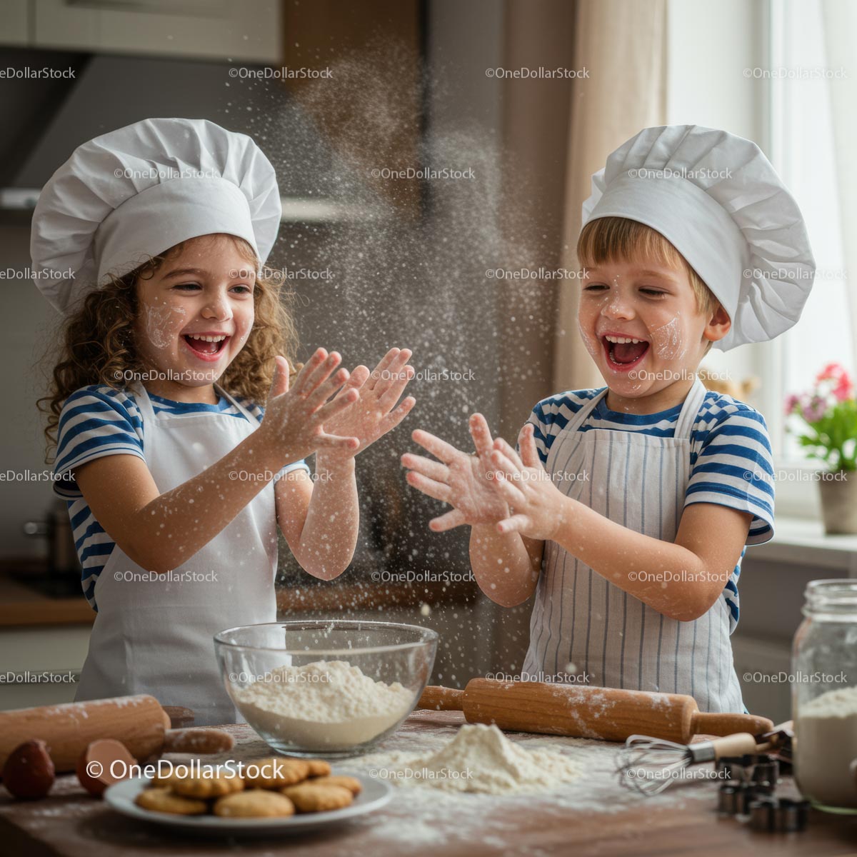 Joyful Kids Baking Together in a Sunny Kitchen
