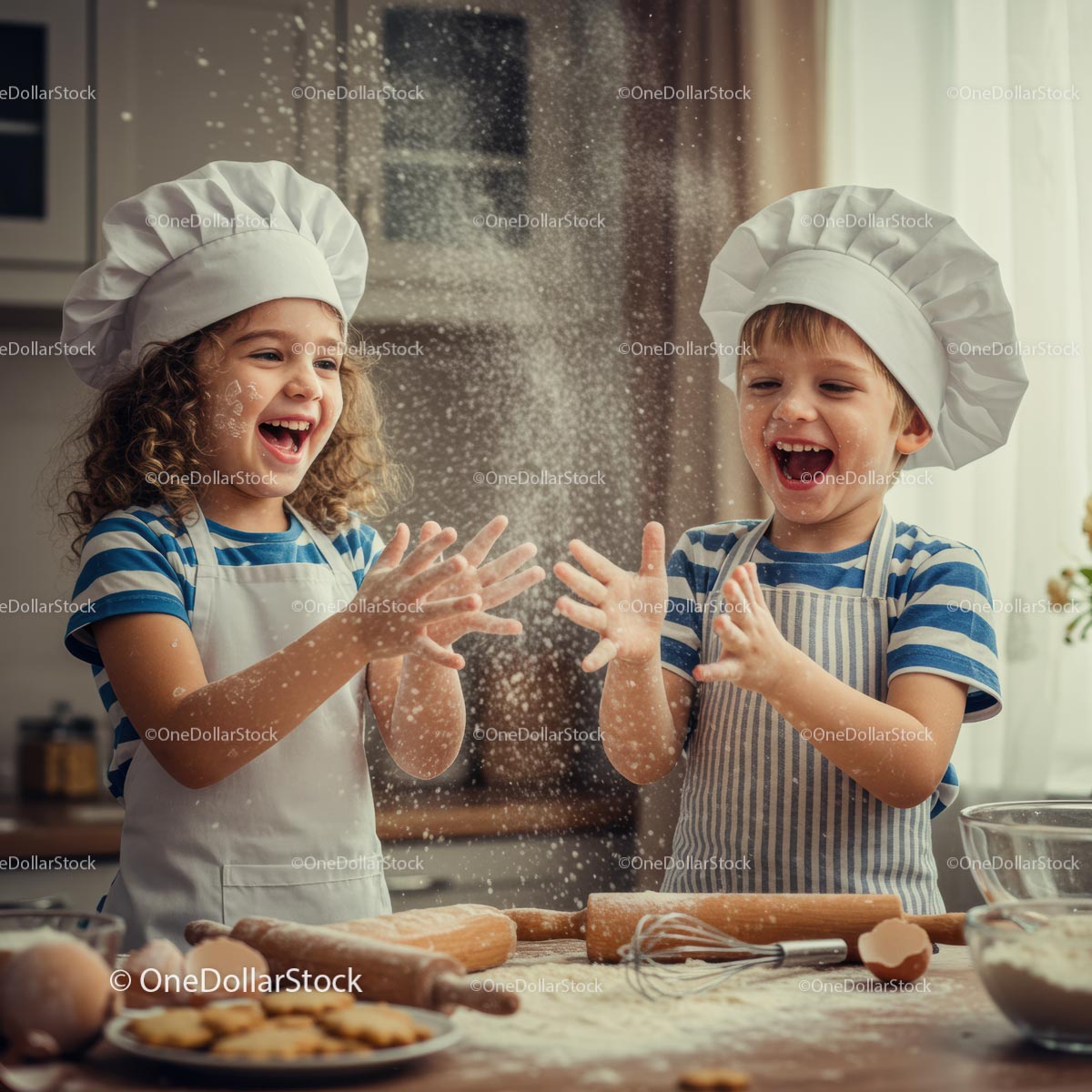 Joyful Children Baking in the Kitchen with Flour
