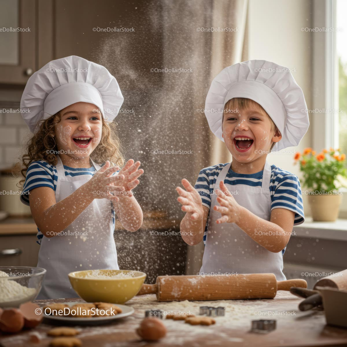 Joyful Children Baking with Flour in the Kitchen