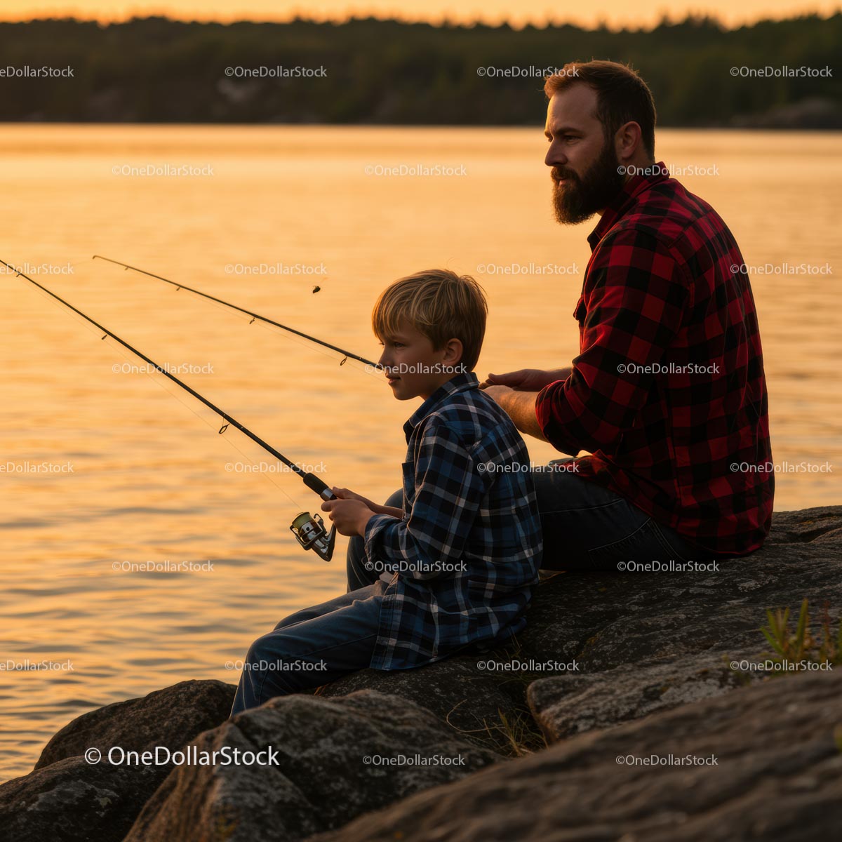 Father and Son Fishing at Sunset by Tranquil Lake
