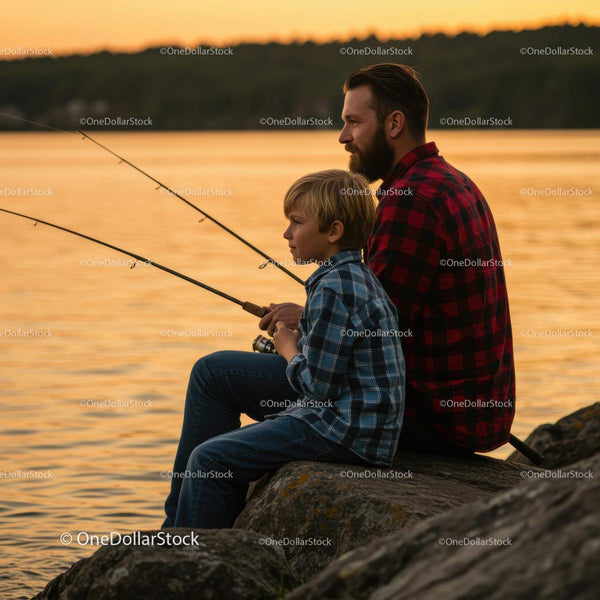 Father and Son Fishing at Sunset on a Rocky Lakeside