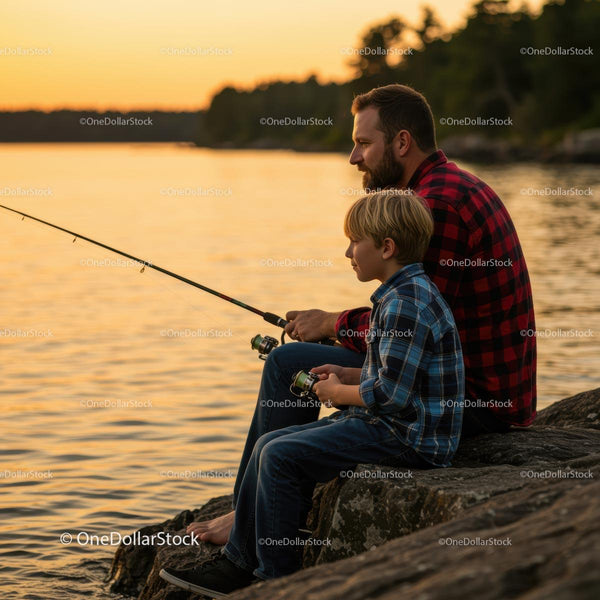 Father and Son Fishing at Sunset by the Lake Shore