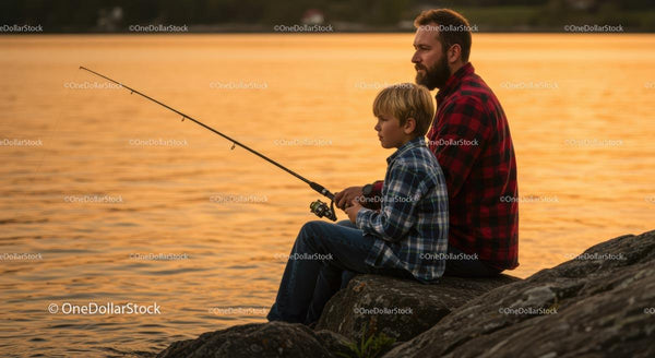 Father and Son Fishing at Sunset on Rocky Lake Shore