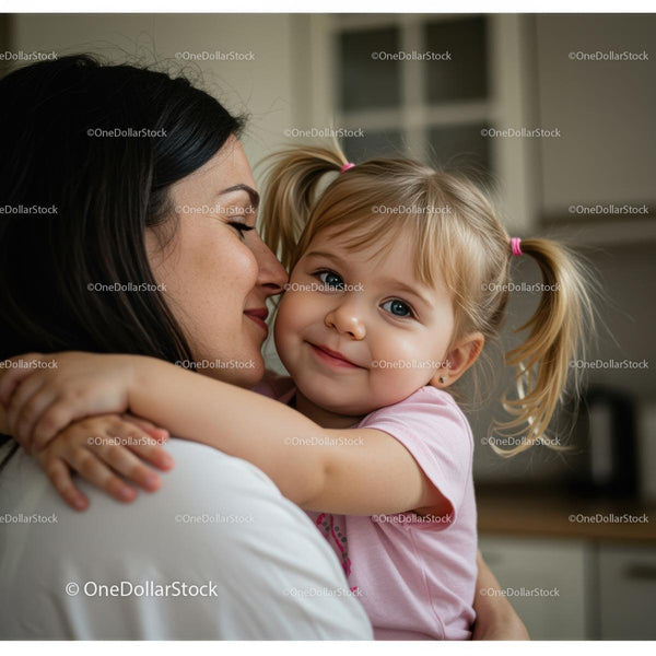 Mother Holding Smiling Daughter with Blonde Pigtails