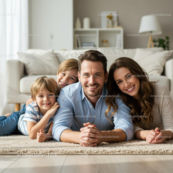 Smiling Family Relaxing in Cozy Living Room